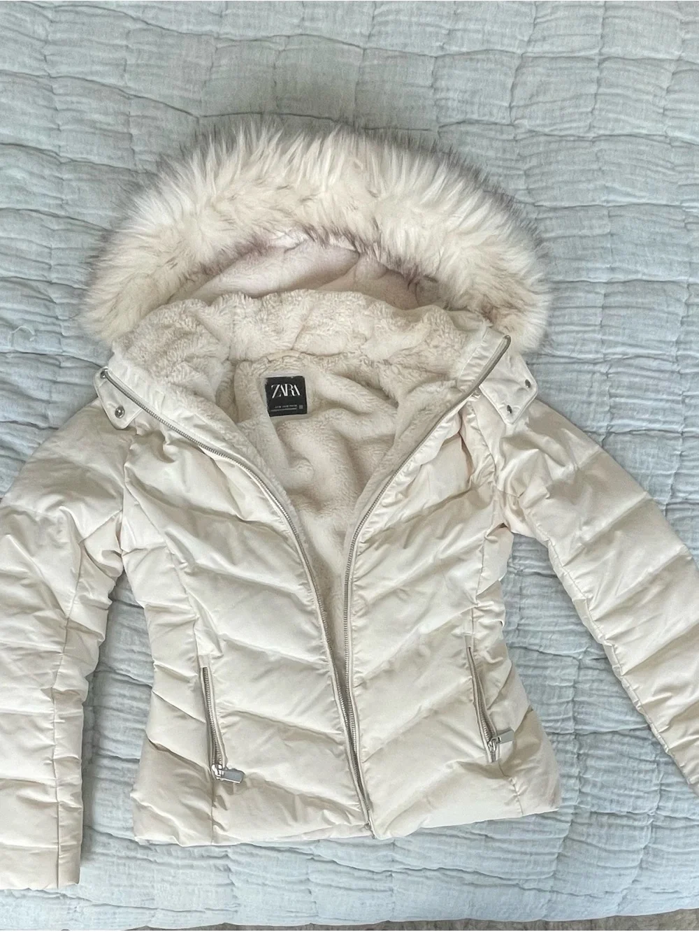 Zara Cream Quilted Hooded Puffer with Faux-Fur Trim